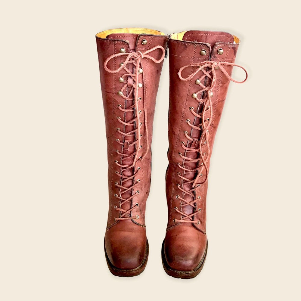Frye Campus Lug Lace Up Cognac/Saddle Distressed Vintage Leather Heeled Boots - Picture 8 of 16